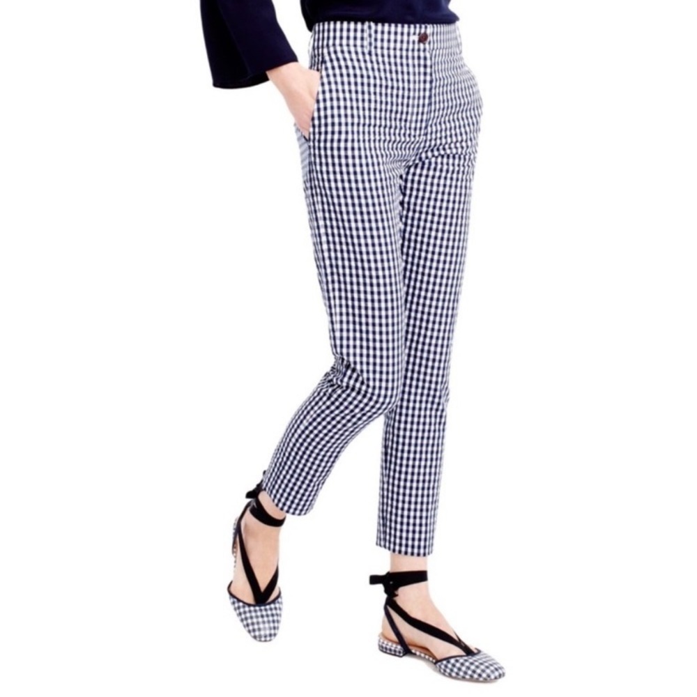 J. Crew Navy Blue White Pants Gingham Plaid Ankle Trousers Preppy Nautical SZ 2